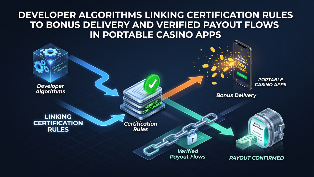 Darstellung von Entwickleralgorithmen die Zertifizierungsregeln mit Bonus- und Auszahlungsflüssen in mobilen Casino-Apps verbinden