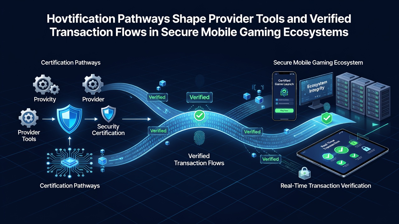 Illustration von Zertifizierungsprozessen in mobilen Gaming-Ökosystemen mit Fokus auf Anbietertools und Transaktionsflüsse