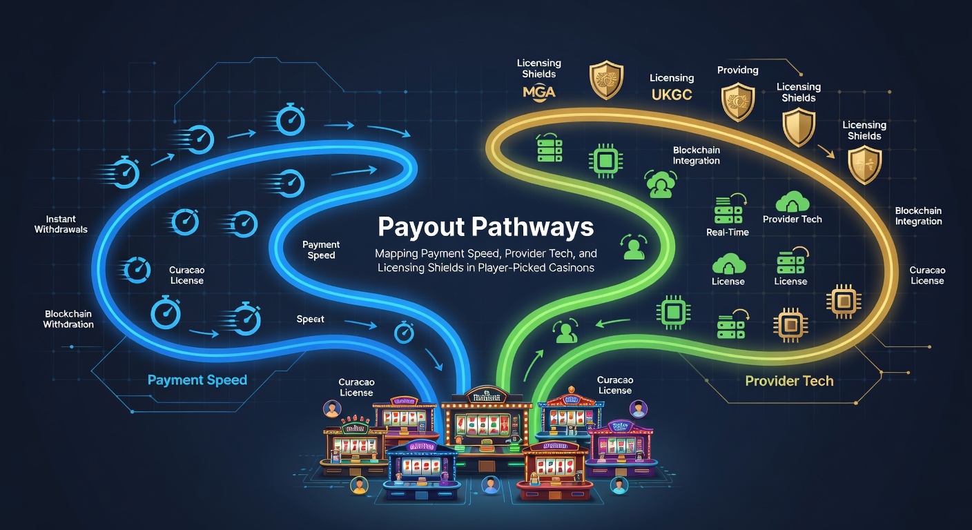 Grafik der Auszahlungswege in Online-Casinos mit Pfeilen für Geschwindigkeit, Tech-Icons und Lizenzschildern